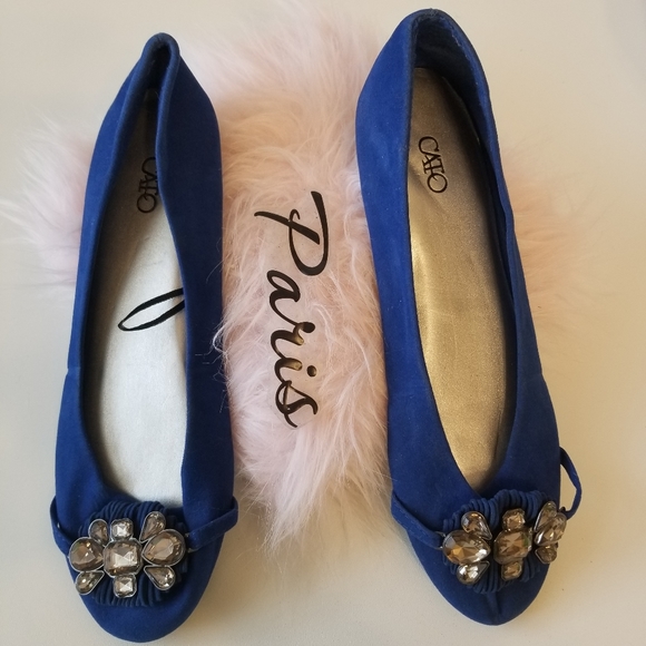 Cato Royal Blue Faux Suede Embellishments large Chungy Rhinstone Flat Ballerinas - Picture 2 of 11